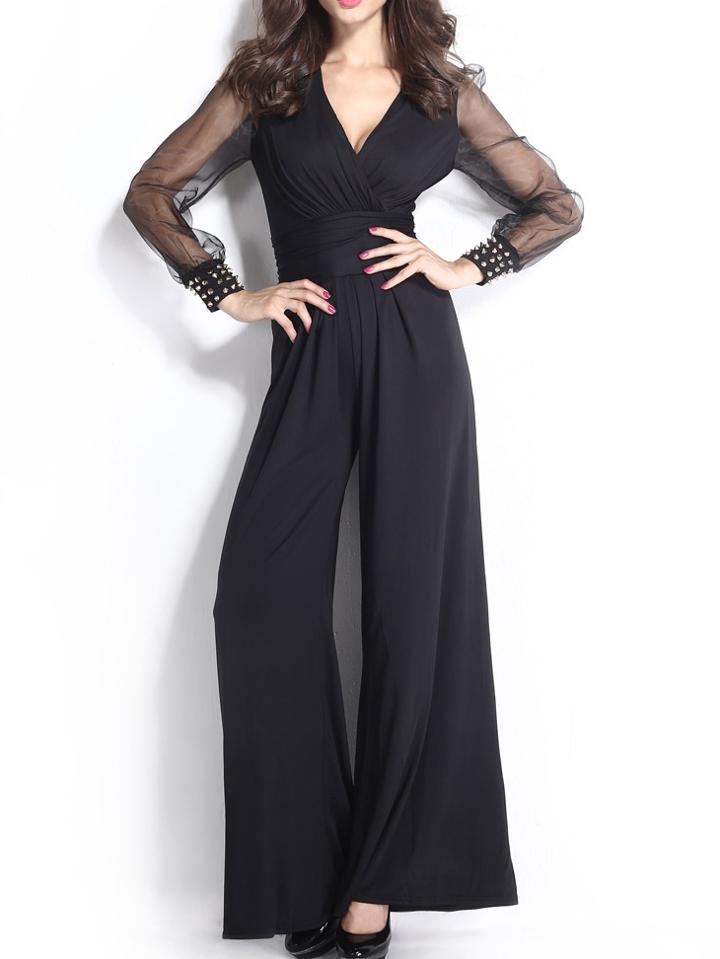 Romwe Deep V Neck Studded Bell Jumpsuit