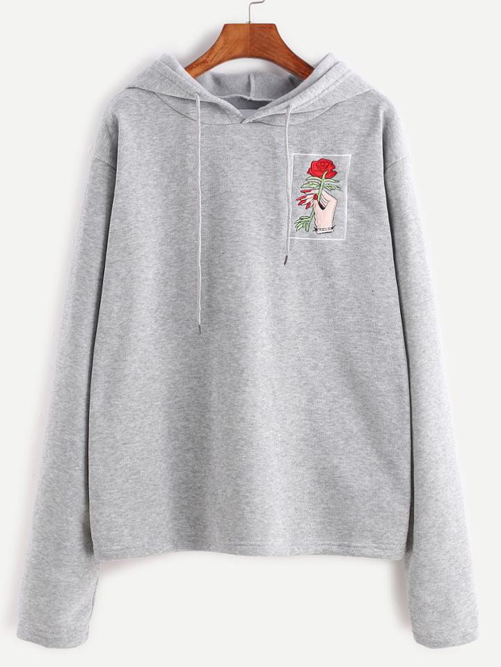 Romwe Heather Grey Hooded Embroidered Sweatshirt
