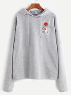 Romwe Heather Grey Hooded Embroidered Sweatshirt