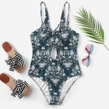 Romwe Random Floral Lace-up One Piece Swimwear