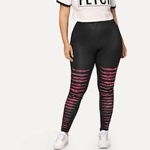 Romwe Plus Floral Striped Leggings