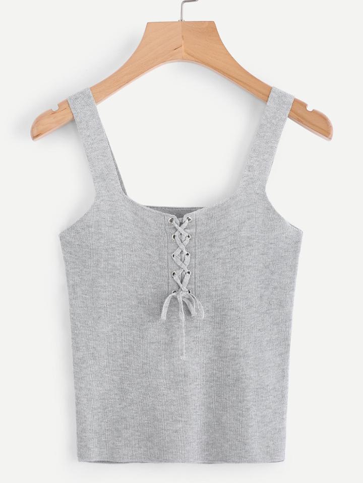 Romwe Eyelet Lace Up Knit Top
