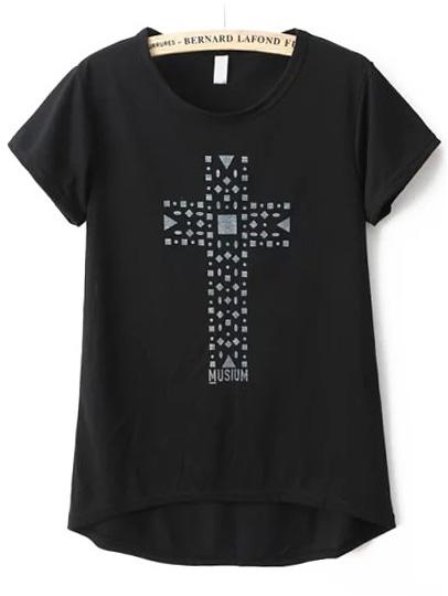 Romwe Dip Hem Cross Print Black T-shirt