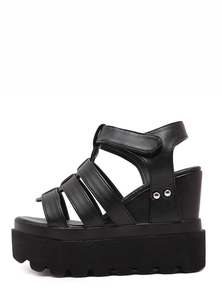 Romwe Black Open Toe Hollow Wedge Sandals