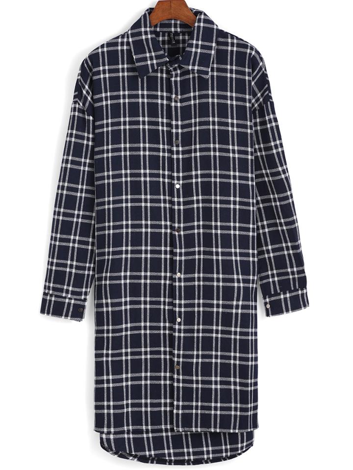 Romwe Lapel Dip Hem Plaid Blue Shirt Dress