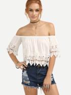 Romwe White Off The Shoulder Crochet Trimmed Top