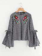 Romwe Belted Trumpet Sleeve Embroidered Gingham Blouse