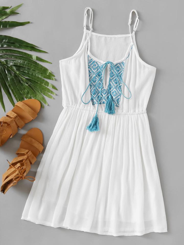 Romwe Embroidered Self Tie Neck Pleated Cami Dress