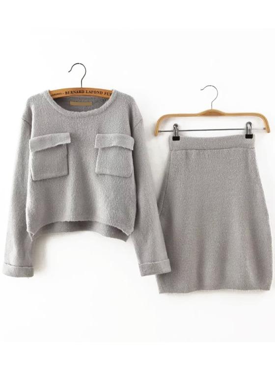 Romwe Round Neck Dip Hem Pockets Top With Knit Skirt