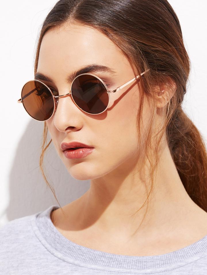 Romwe Gold Frame Brown Round Lens Sunglasses