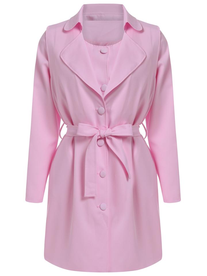 Romwe Lapel Tie-waist Buttons Trench Coat