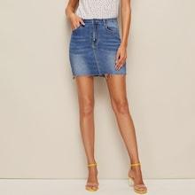 Romwe Stitch Detail Raw Hem Split-side Denim Skirt