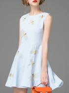 Romwe Blue Sleeveless Dragonfly Embroidered A-line Dress
