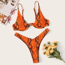 Romwe Snakeskin Print Underwired Top With High Cut Bikini