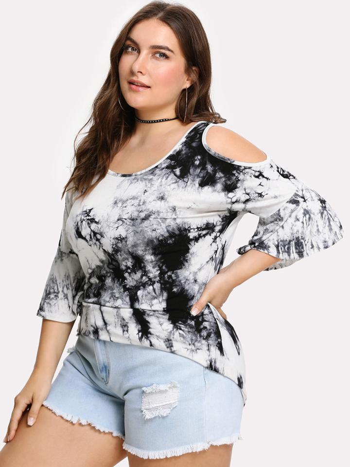 Romwe Tie Dye Open Shoulder Tee