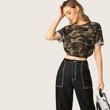 Romwe Cuffed Raglan Sleeve Elastic Hem Crop Camo Tee