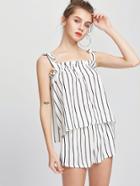 Romwe Tie Shoulder Vertical Striped Top With Shorts