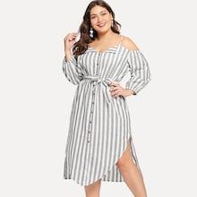 Romwe Plus Cold Shoulder Self Tie Waist Striped Dress