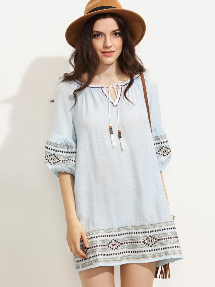 Romwe Pale Blue Lantern Sleeve Tie Neck Embroidered Dress