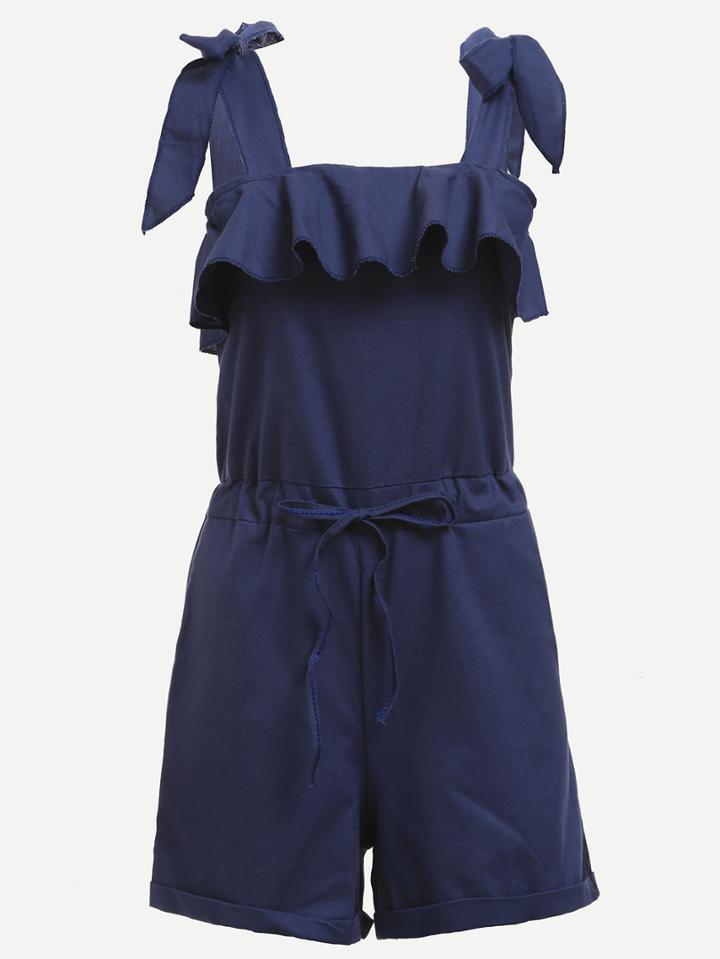 Romwe Navy Tie Sleeve Ruffled Drawstring Romper