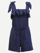 Romwe Navy Tie Sleeve Ruffled Drawstring Romper