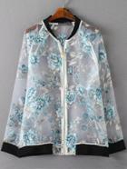 Romwe Contrast Collar Floral Print Organza White Coat