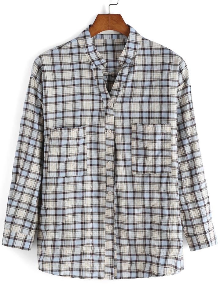 Romwe V Neck Plaid Pockets Blouse