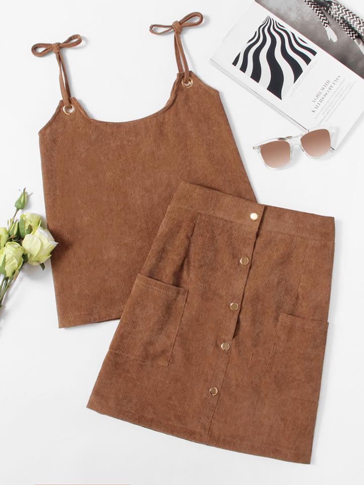 Romwe Ring Detail Cami Top With Single Breasted Skirt
