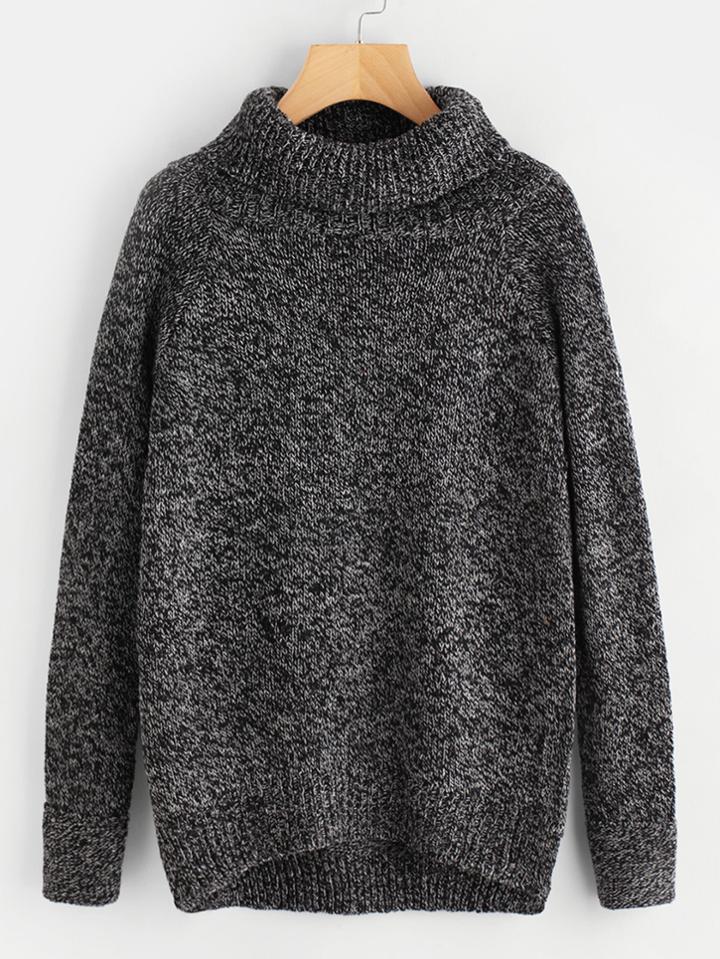 Romwe High Neck Dip Hem Marled Knit Sweater