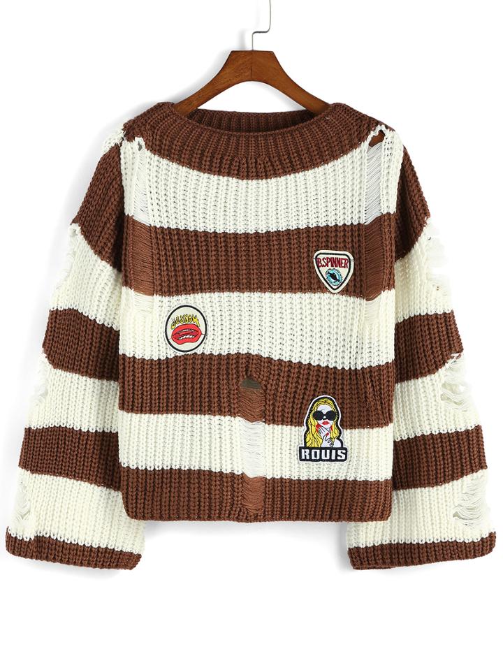 Romwe Ripped Striped Patch Khaki Sweater