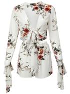 Romwe White Floral Print Bow Tie Blouse With Shorts