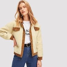 Romwe Contrast Corduroy Panel Shearling Jacket