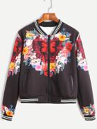Romwe Black Butterfly And Flower Print Varsity Striped Jacket