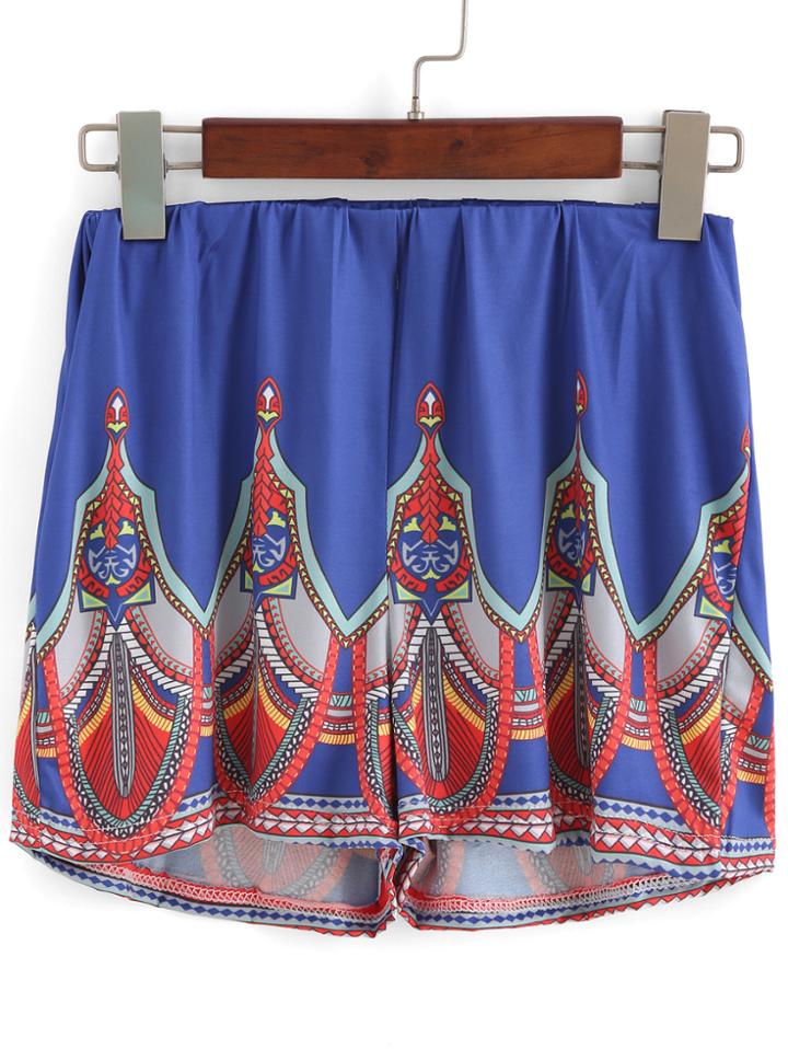 Romwe Tribal Print Straight Blue Shorts