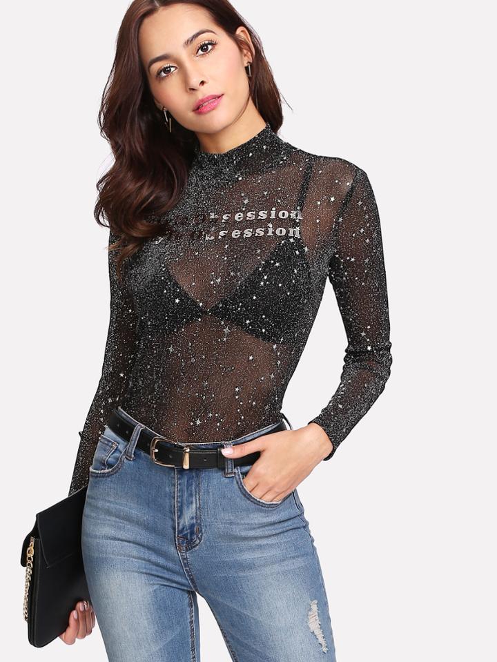 Romwe Letter Print Glitter Mesh Top