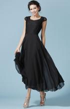 Romwe Lace Insert Pleated Chiffon Black Dress