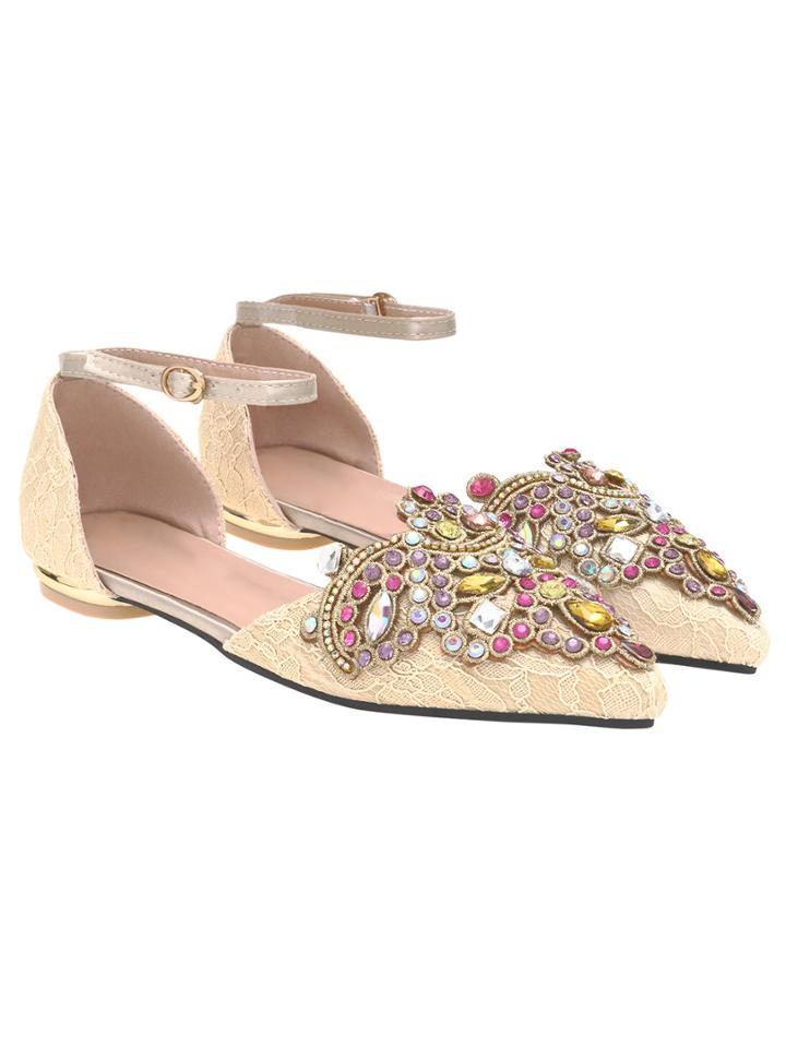 Romwe Beige Pointy Ankle Strap Jewelled Flats