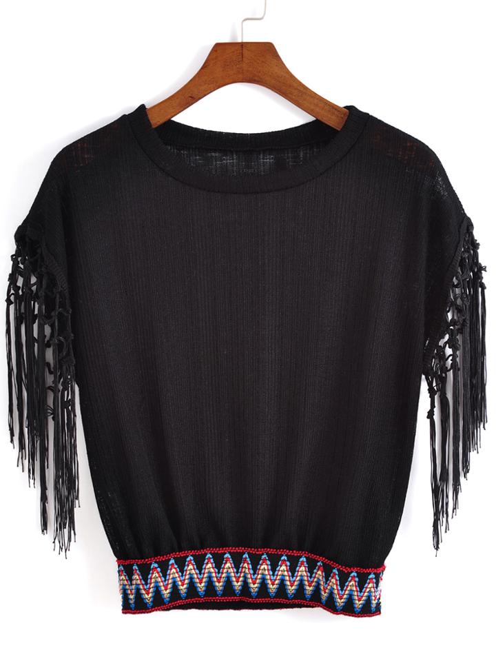 Romwe With Tassel Crop Black Top