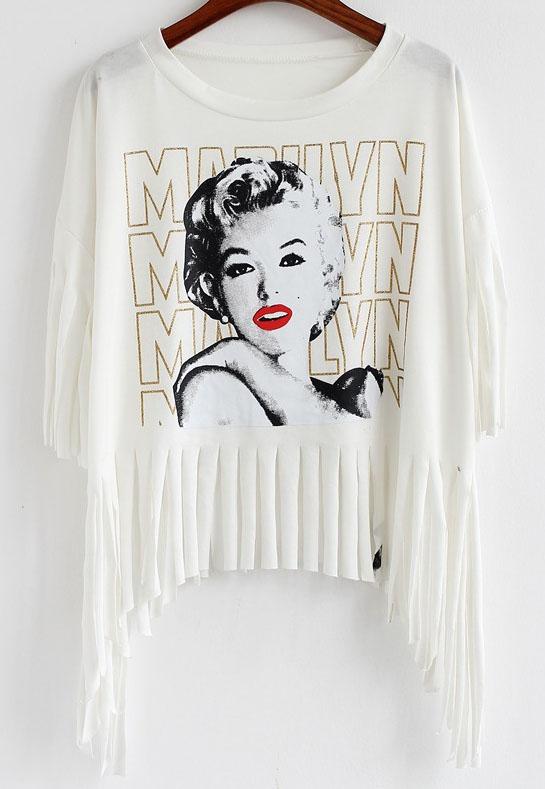 Romwe With Tassel Monroe Print White T-shirt