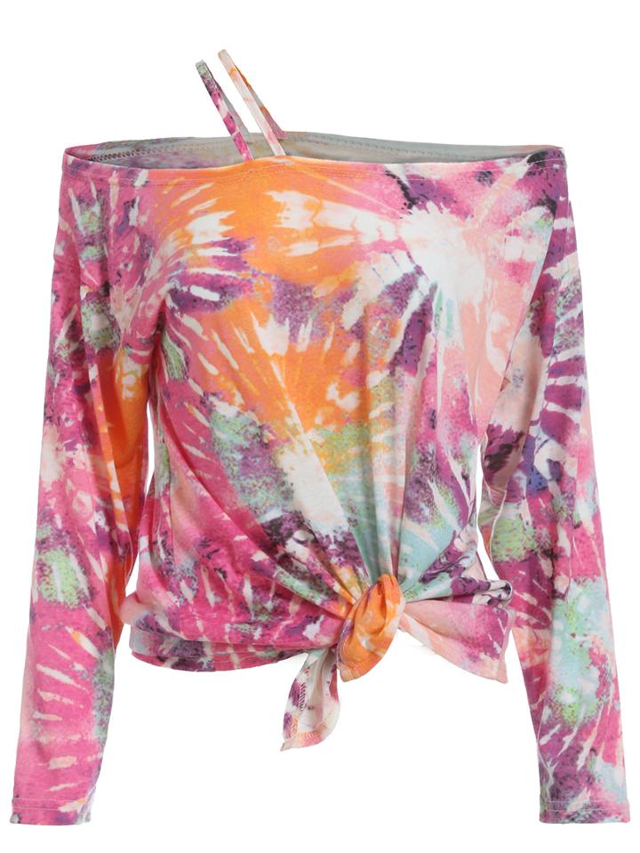 Romwe Cold Shoulder Tie-dye Top