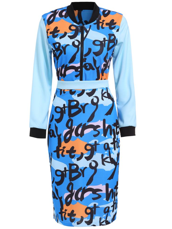 Romwe Contrast Collar Letter Print Top With Skirt