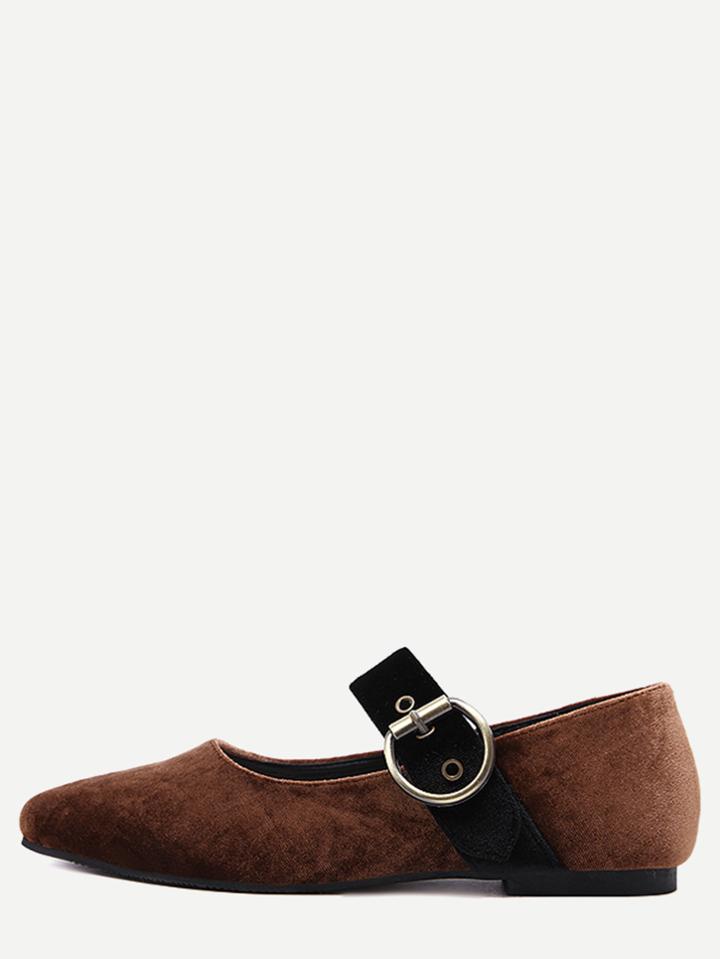 Romwe Brown Buckled Strap Velvet Ballet Shoes