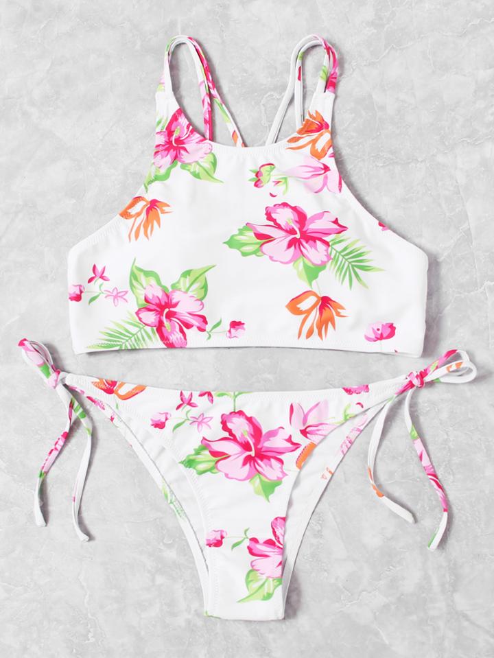 Romwe Calico Print High Neck Bikini Set