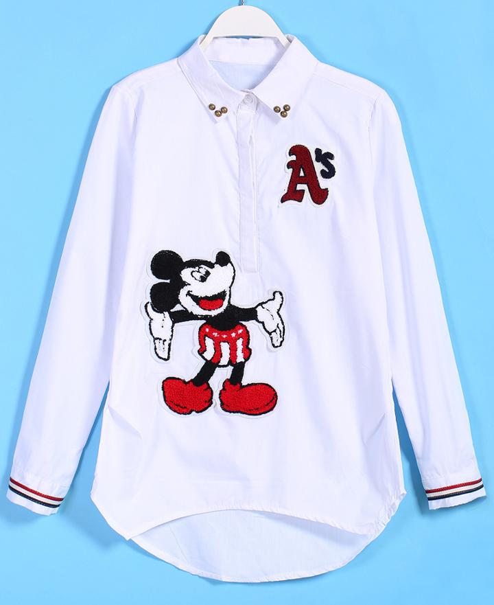 Romwe Mickey Embroidered Dipped Hem Blouse