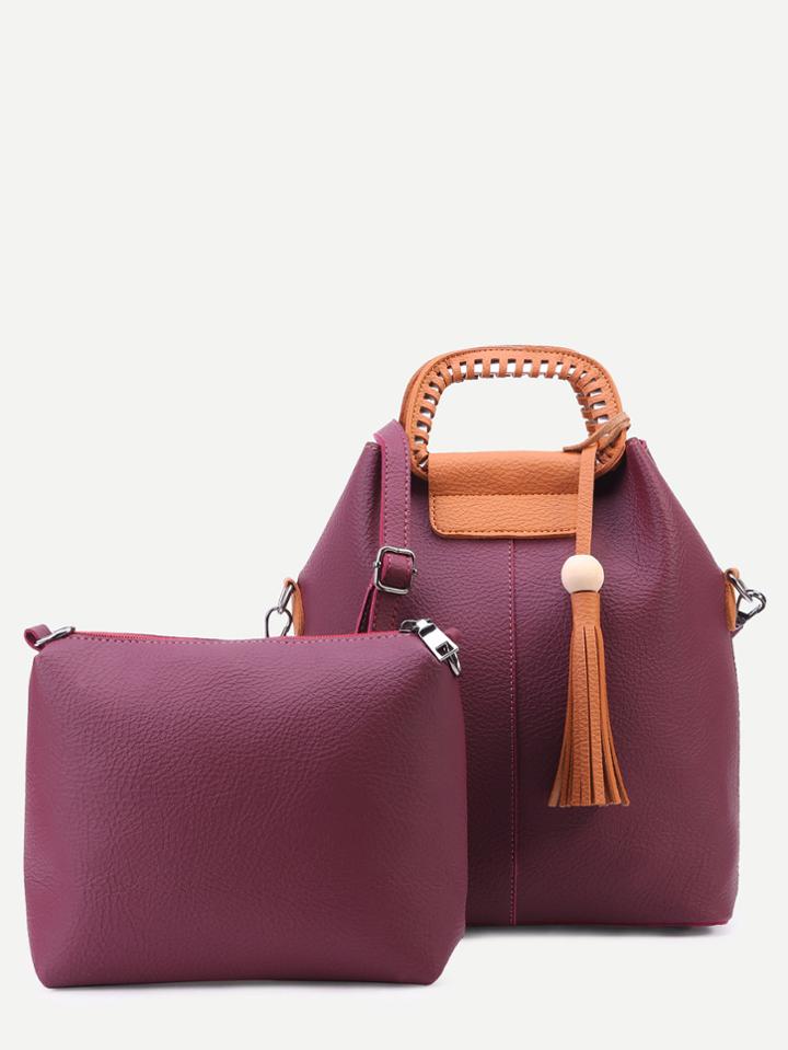 Romwe Burgundy Faux Leather Tassel Trim Shoulder Bag Set