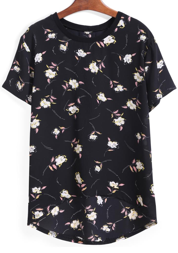 Romwe Dip Hem Flower Print Black T-shirt
