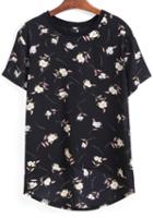 Romwe Dip Hem Flower Print Black T-shirt
