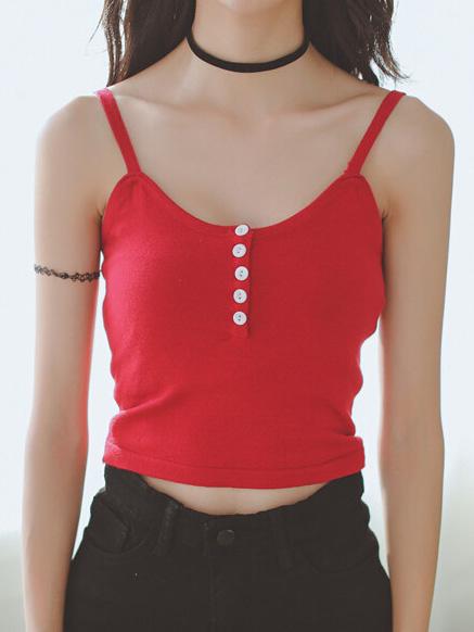 Romwe Spaghetti Strap With Buttons Red Cami Top