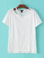 Romwe White V Neck Cut Out Casual T-shirt