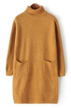 Romwe High Neck Pockets Loose Knit Yellow Sweater